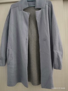 蓝灰色毛线呢子大衣外套