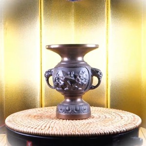 纯铜 精工 篆刻 花鸟 花觚 花瓶 有底款，日本回流，高度1