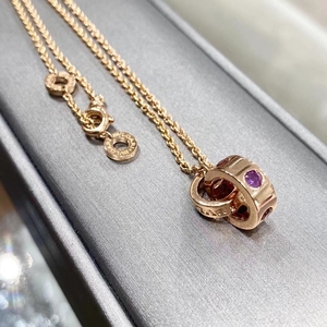 正品宝格丽/bvlgar双环玫瑰金项链 镶嵌紫水晶和粉碧玺