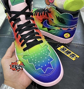 aj1乔1七彩色扎染男女情侣运动高帮篮球鞋板跑鞋帆布云朵彩虹