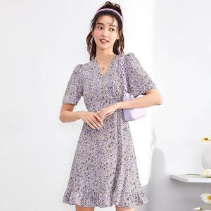 360人付款淘宝紫淑女装2017秋季新款荷叶边雪纺连衣裙中长款ol宽松