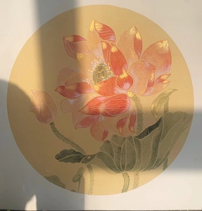 纯手绘 国画 没骨画 荷花 熟宣卡纸 尺寸:33×33 注金