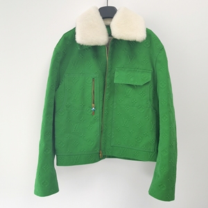 lv21秋冬绿色羊毛羔领牛仔夹克外套50码