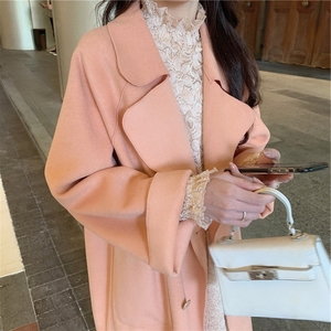 高级感温柔系韩版橘粉色毛呢外套大衣 风衣 女秋冬