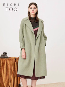 爱居兔冬季女装豆沙绿收腰系带宽松中长款双面呢大衣