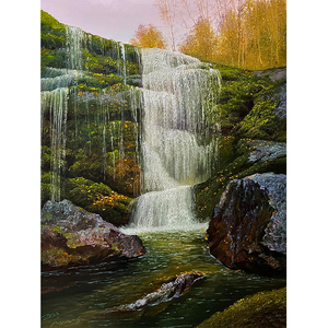 朝鲜油画 一级画家 崔明星 风景 《瀑布》纯手绘竖幅玄关画