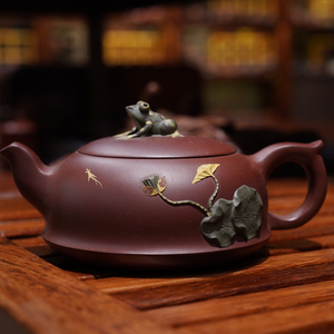 尹晓峰(尹小峰)荷叶金蟾紫砂壶,原矿底槽清,实拍,无瑕疵,真