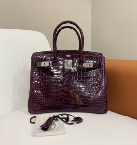 99新hermes爱马仕birkin30 5l紫罗兰亮面倒v鳄鱼皮爆款手提铂金包