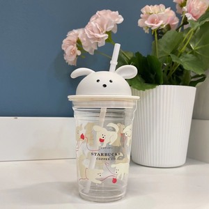 新款星巴克韩国2021圣诞礼物樱花小狗白色玻璃吸管杯带盖。