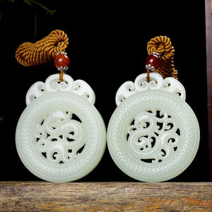 和田玉白玉仿古型龙凤呈祥情侣兄妹对牌吊坠挂件79.01克