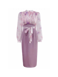 ReVe高定粉紫印花假两件长袖天丝雪纺连衣裙长款仙女气质新款
