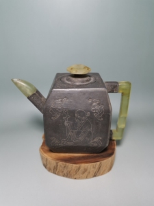 清代杨彭年紫砂包锡三镶玉手把壶,小茶壶.