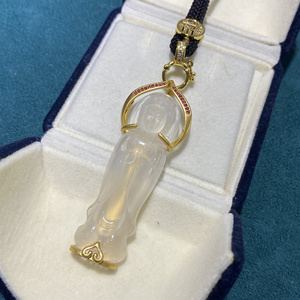 古法电镀24k真金镶嵌天然高冰玉髓观音吊坠 站观音,雕刻生动