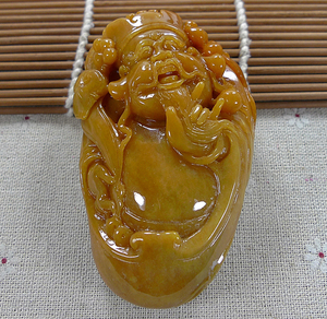 缅甸天然翡翠a货 老坑黄翡老种精雕招财财神手把件 尺寸87