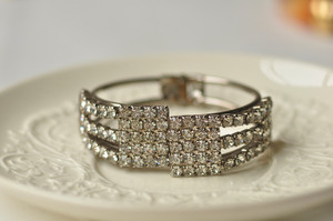 vintage美国中古银色莱茵石开口手镯