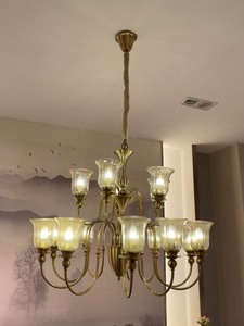 出美式全铜复古客厅吊灯。这款十五头铜灯采用优质黄铜材质，具有