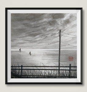 「扬帆起航」手绘素描炭笔风景画 客厅卧室装饰字画