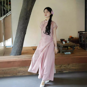 深圳市戴安芬贸易有限公司少女粉色薄纱草木染天丝改良旗袍＋吊带