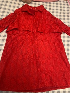 商场货，蕾丝红色衬衣式连衣裙，袖子部分透，其他部分有里衬