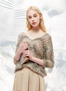 菀草壹韩版大v领镂空套头针织衫女七分袖打底毛衣