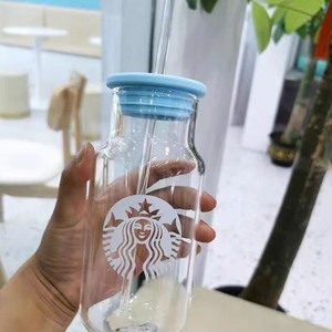 全新出！韩国星巴克风淡蓝色海洋风吸管杯创意奶瓶造型玻璃杯带盖