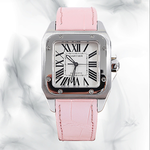 卡地亚山度士中号女表自动机械表个性方形皮带手表正品9.5新优选