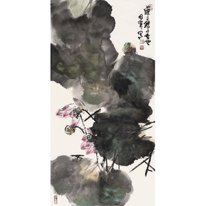 《莲之君子者也》大写意手绘荷花中堂竖幅国画真迹原稿拍卖当代名家