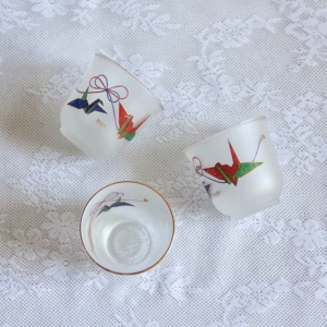 vintage日本中古桂由美玻璃杯千纸鹤茶杯