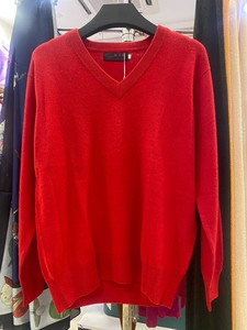 大红色男款V领羊绒衫套头羊绒毛衣针织打底衫，仅此一件42（L