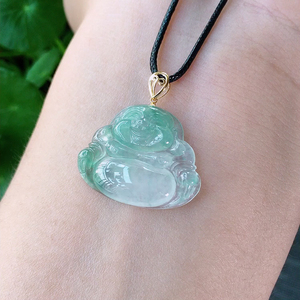 18k金扣头镶嵌冰种飘绿佛公吊坠笑佛玉佛玉坠