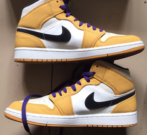 aj1 mid lakers 紫金湖人配色43码.穿过几次
