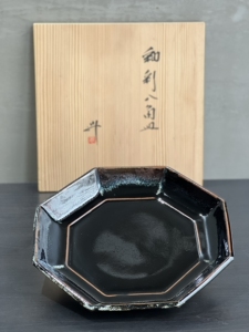 丹波烧 柴烧 铁釉 天目釉 大上昇 八角皿 盘 碟 水果盘