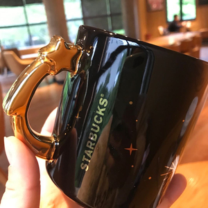 星巴克马克咖啡杯限量深夜星空烟花绽放黑色水杯情侣对杯保温杯吸