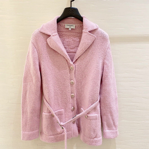 chanel香奈儿20早秋珍珠腰带单排扣翻领粉色针织开衫外套