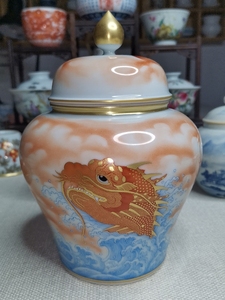 粉彩陶瓷茶叶罐手绘鳌头矾红描金储物罐珐琅彩瓷器茶具