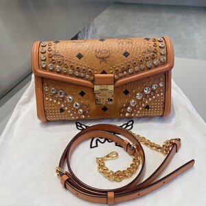 mcm复古水钻铆钉信封包单肩斜挎包 奢华水晶系列!98新 附