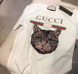 000人付款淘宝实拍gucci经典款腰带猫头亮片短袖t恤 男女同款 全新