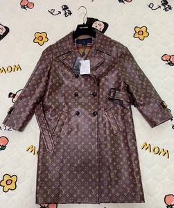 lv 亚麻真丝老花女士风衣大衣 复古风潮七分袖格纹羊毛内里