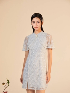 houri海蕾琳正品代购改良旗袍裙蓝色披肩蕾丝裙夏季连衣裙u