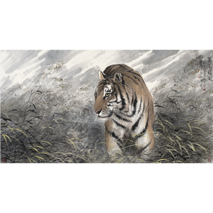 卢成之《芦荡雄风》六尺手绘工笔老虎横幅走兽国画真迹原稿拍卖