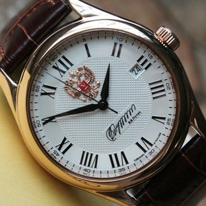 俄罗斯直邮全新光荣牌腕表双头鹰图案白色表盘手表男士,自动机械