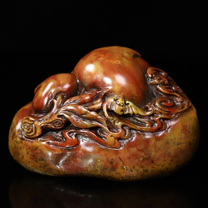 旧藏寿山石雕刻蝙蝠寿桃【福寿双全】随形印章,长11厘米宽6厘