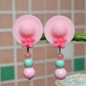 小女孩假耳饰甜美小草帽儿童耳夹公主果冻彩珠耳坠女童无耳洞耳环