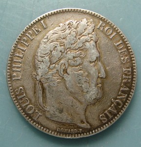1843年法国菲利普5法郎大银币 重24.9克 含银90 直径37mm(b版)