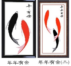 蒙娜丽莎年年有余十字绣鱼图餐厅小画挂画系列二条三条鱼简单刺绣