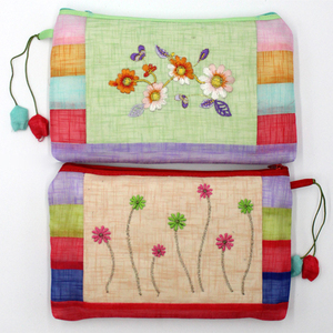 彩条拼接双拉链零钱包 刺绣印花手拿包硬币包 朝鲜族手工艺品布艺