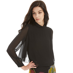 兰丝绘女装正品新款1255真丝长袖套头圆领黑色气质时尚乔其上衣