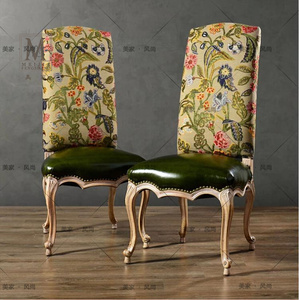 欧式新古典实木雕花高背餐椅美式乡村麻布餐椅子法式绿色皮布书椅