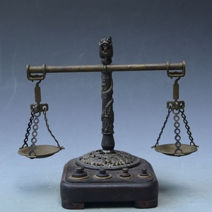古玩古董杂项 实木底座带砝码龙头天平秤 计重秤老物件怀旧收藏