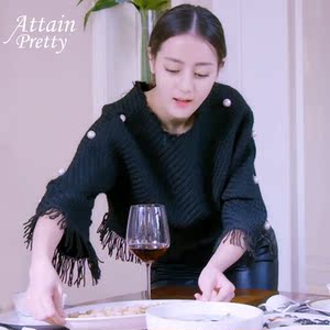 2015新款克拉恋人高雯同款毛衣钉珠流苏套头黑色毛衣明星同款